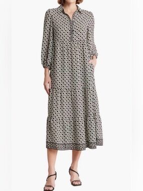 NWT maxstudio Green & White Midi Dress with Henley Neck ptp 17 stretch to 18 1/2